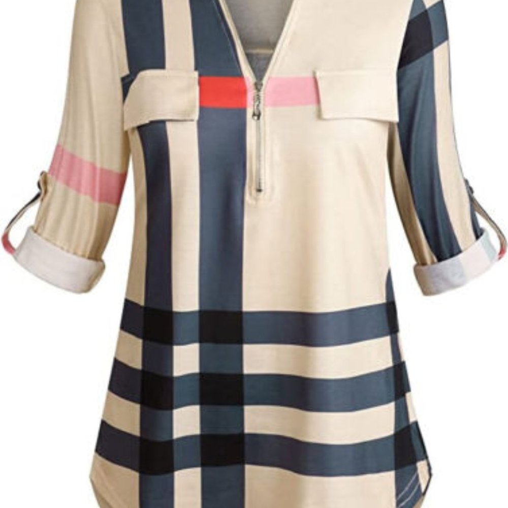 Moyabo Women'S 3/4 Cuffed Sleeve Zipped V Neck Plaid Tunic Shirt/Blouse LARGE